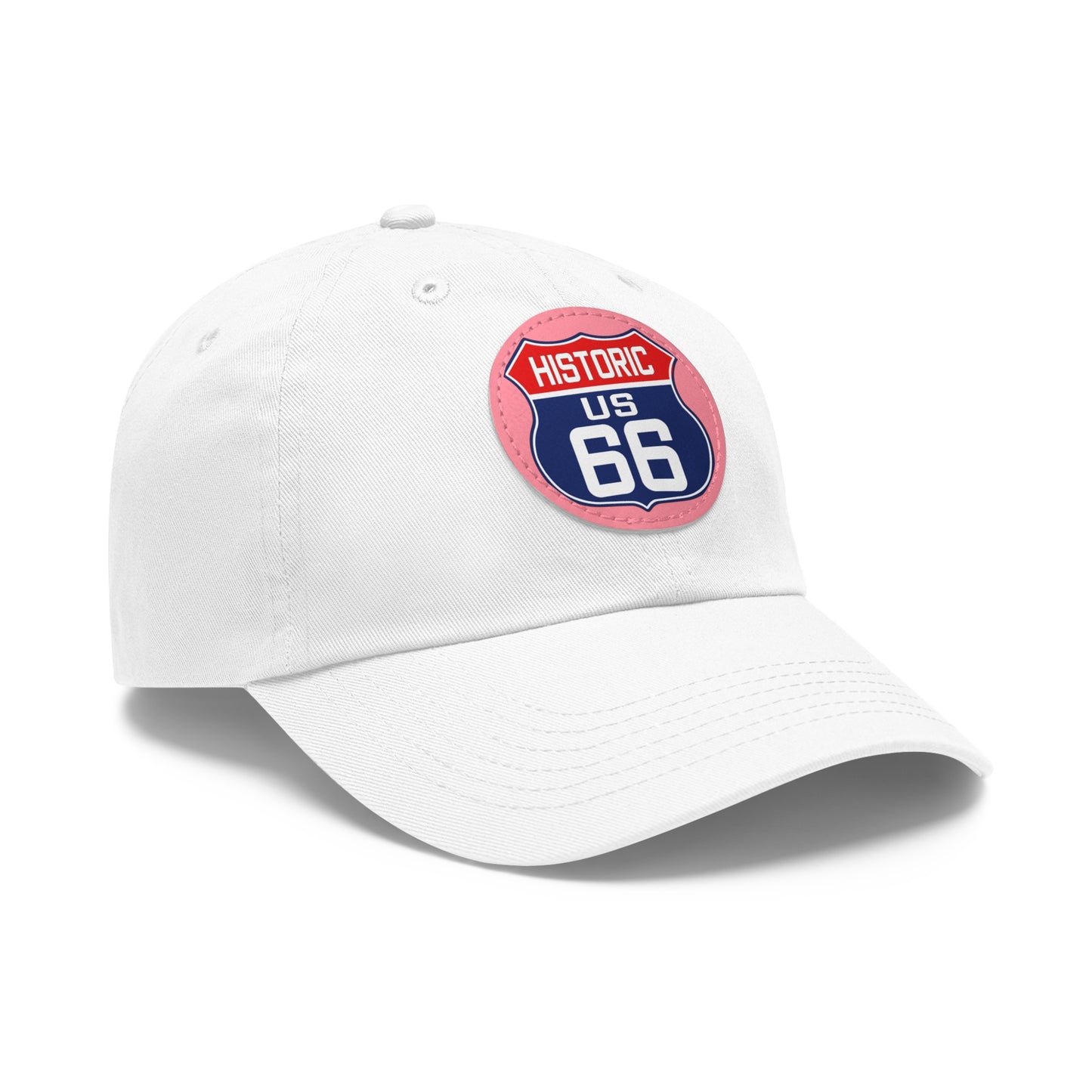 Route 66 Inspired Dad Hat in Red, White and Blue Dad Hat with Leather Patch (Round)