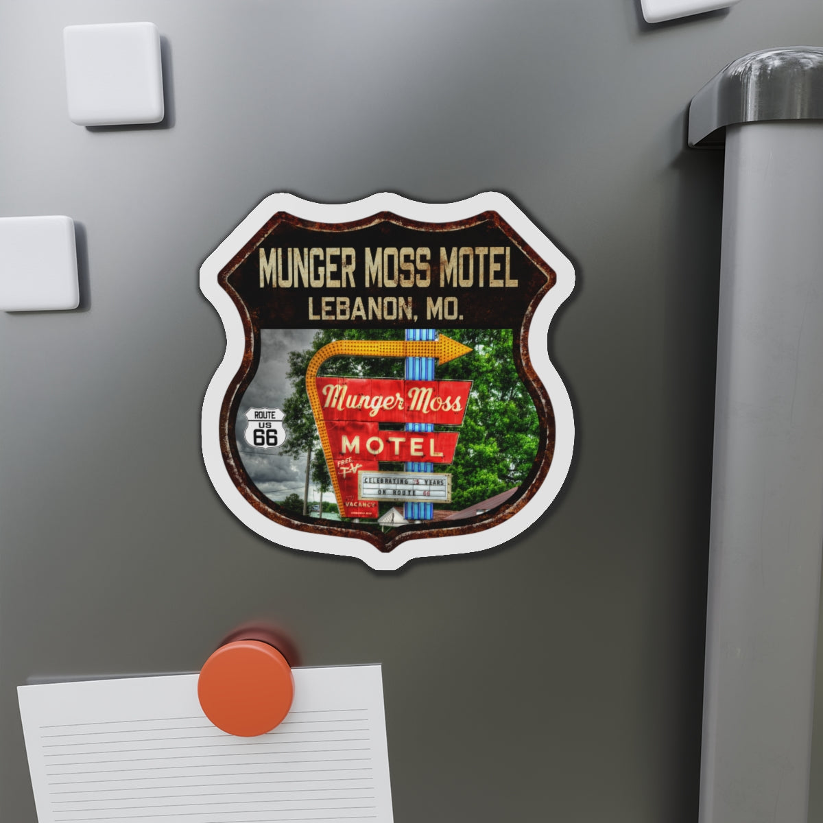 Vintage Munger Moss Motel Die-Cut Magnet - Route 66 Highway Shield Missouri