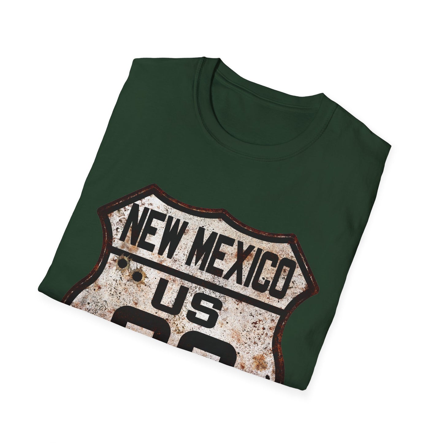 Vintage New Mexico Route 66 Tee, Rusty Look with Bullet Holes on Route 66 Shield Unisex Softstyle T-Shirt