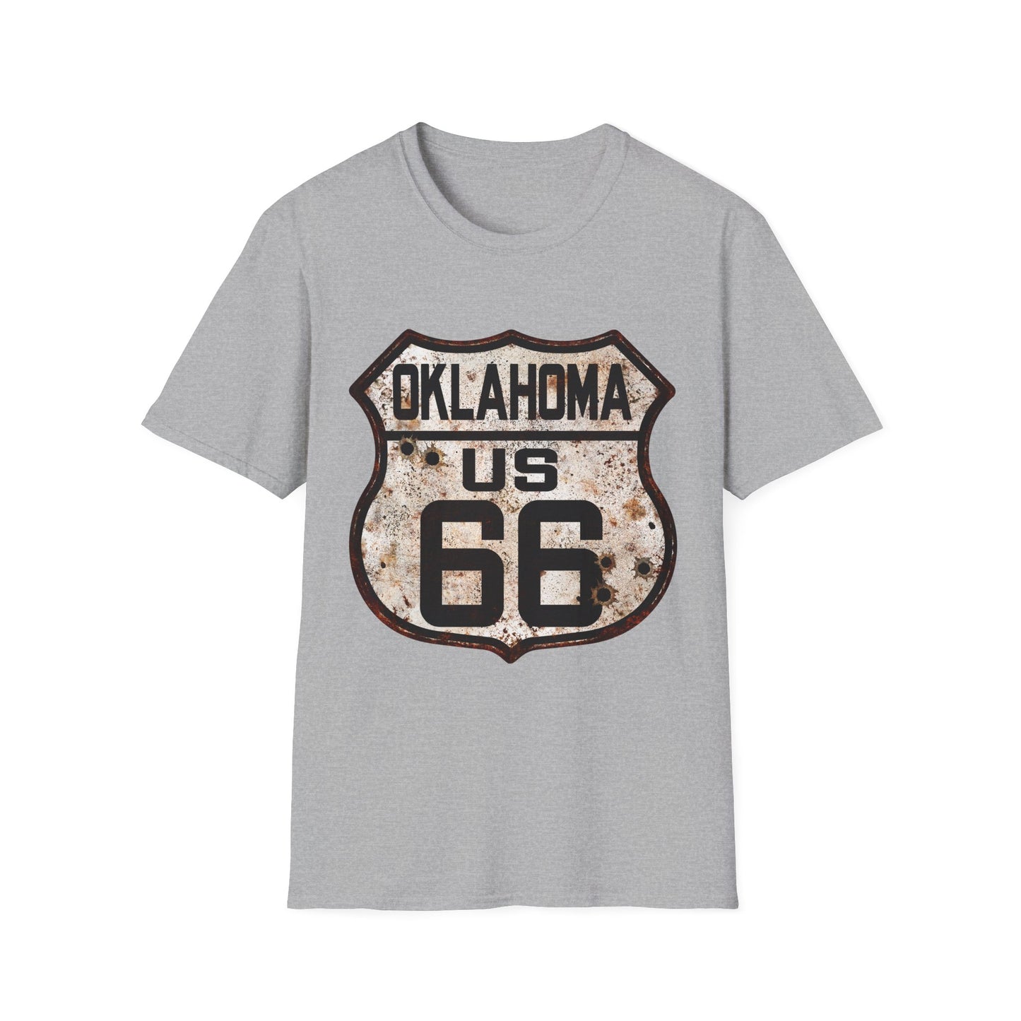 Vintage Oklahoma Route 66 Tee, Rusty Look with Bullet Holes on Route 66 Shield Unisex Softstyle T-Shirt