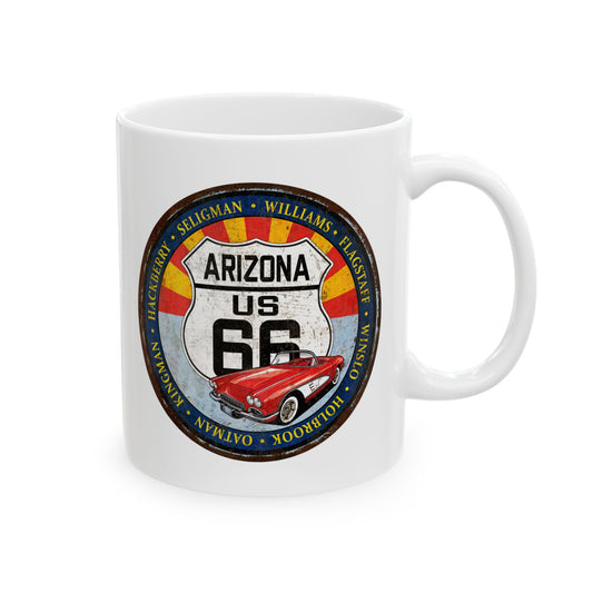 Retro Arizona Route 66 Sign Coffee Mug - Vintage Round Style Ceramic Mug, (11oz, 15oz)