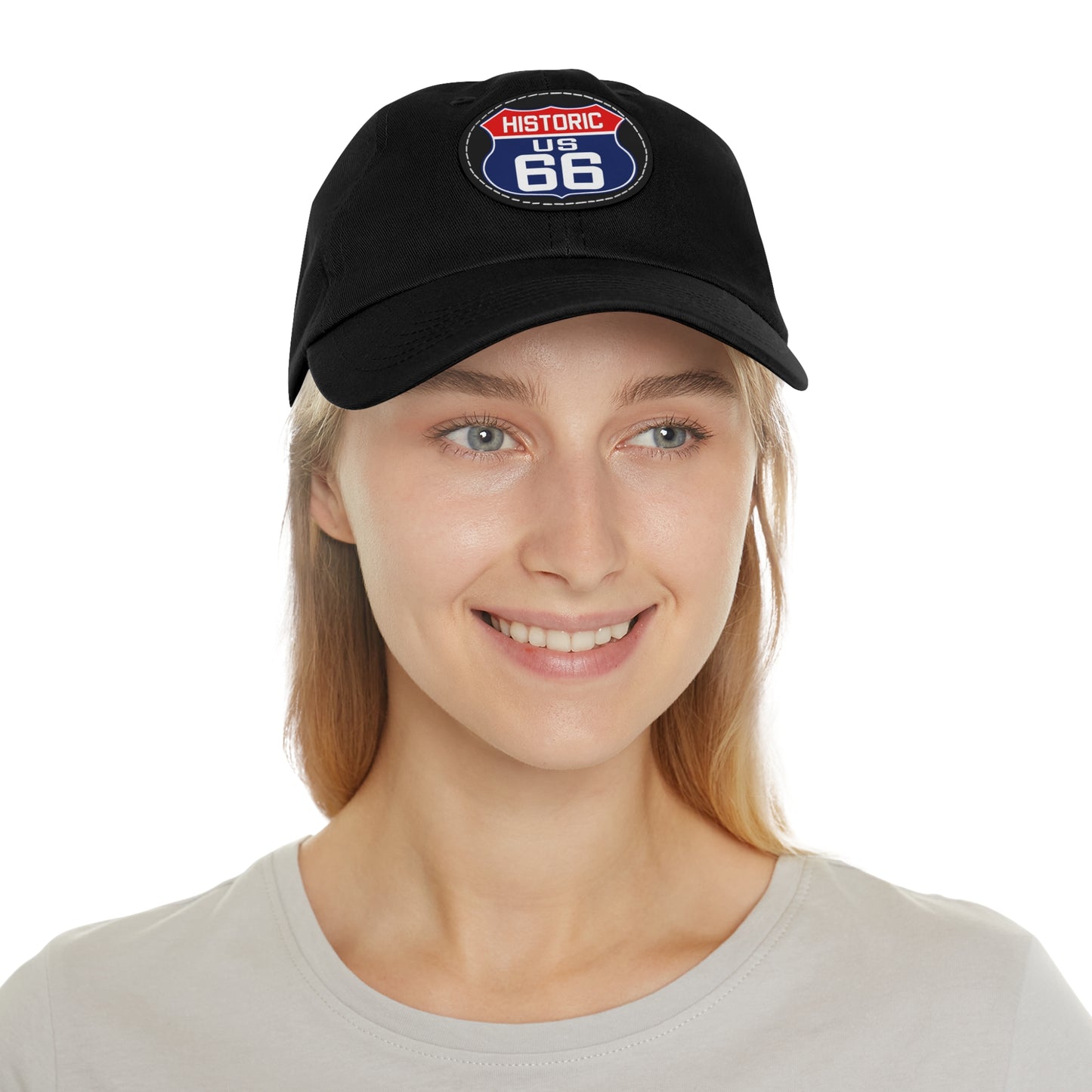 Route 66 Inspired Dad Hat in Red, White and Blue Dad Hat with Leather Patch (Round)