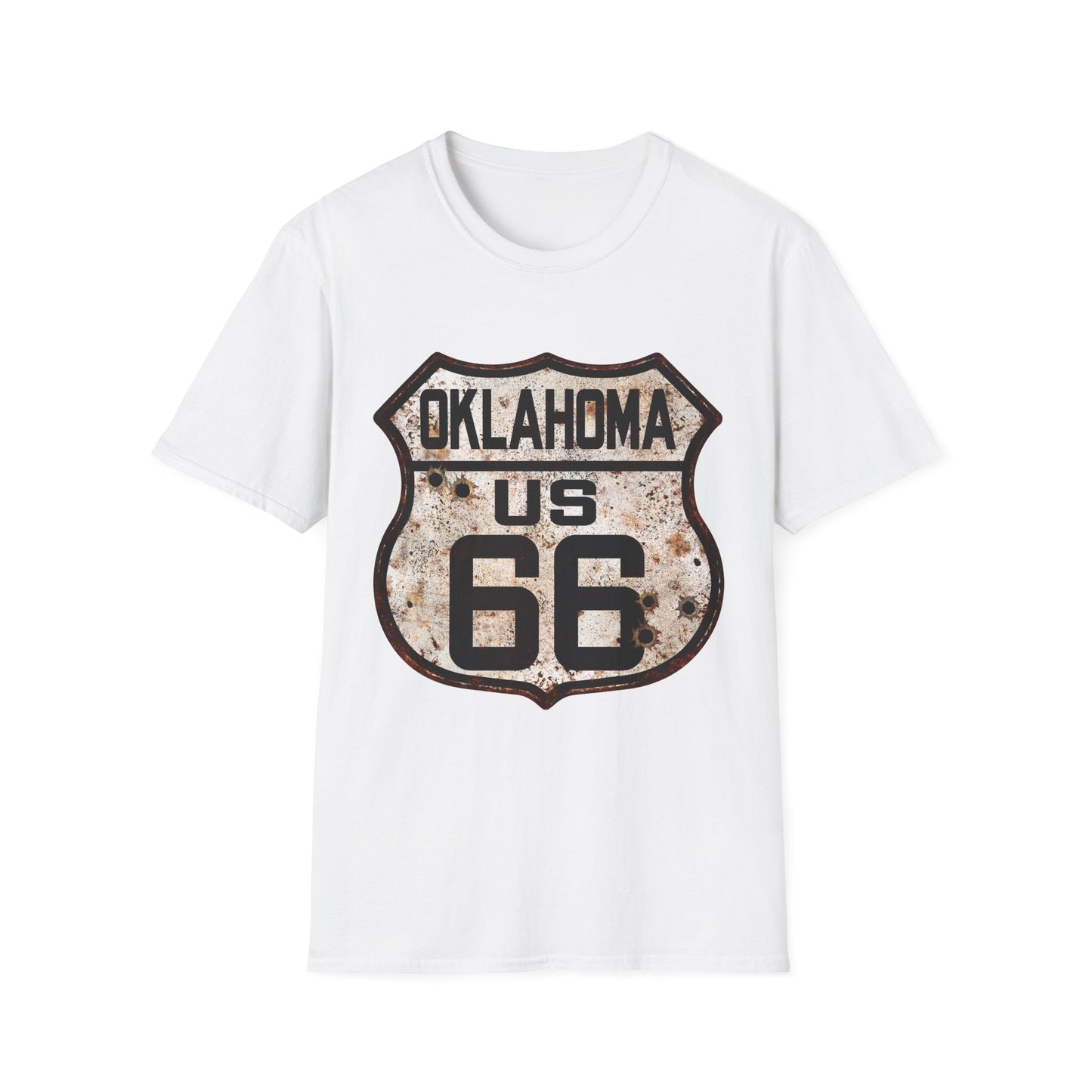 Vintage Oklahoma Route 66 Tee, Rusty Look with Bullet Holes on Route 66 Shield Unisex Softstyle T-Shirt