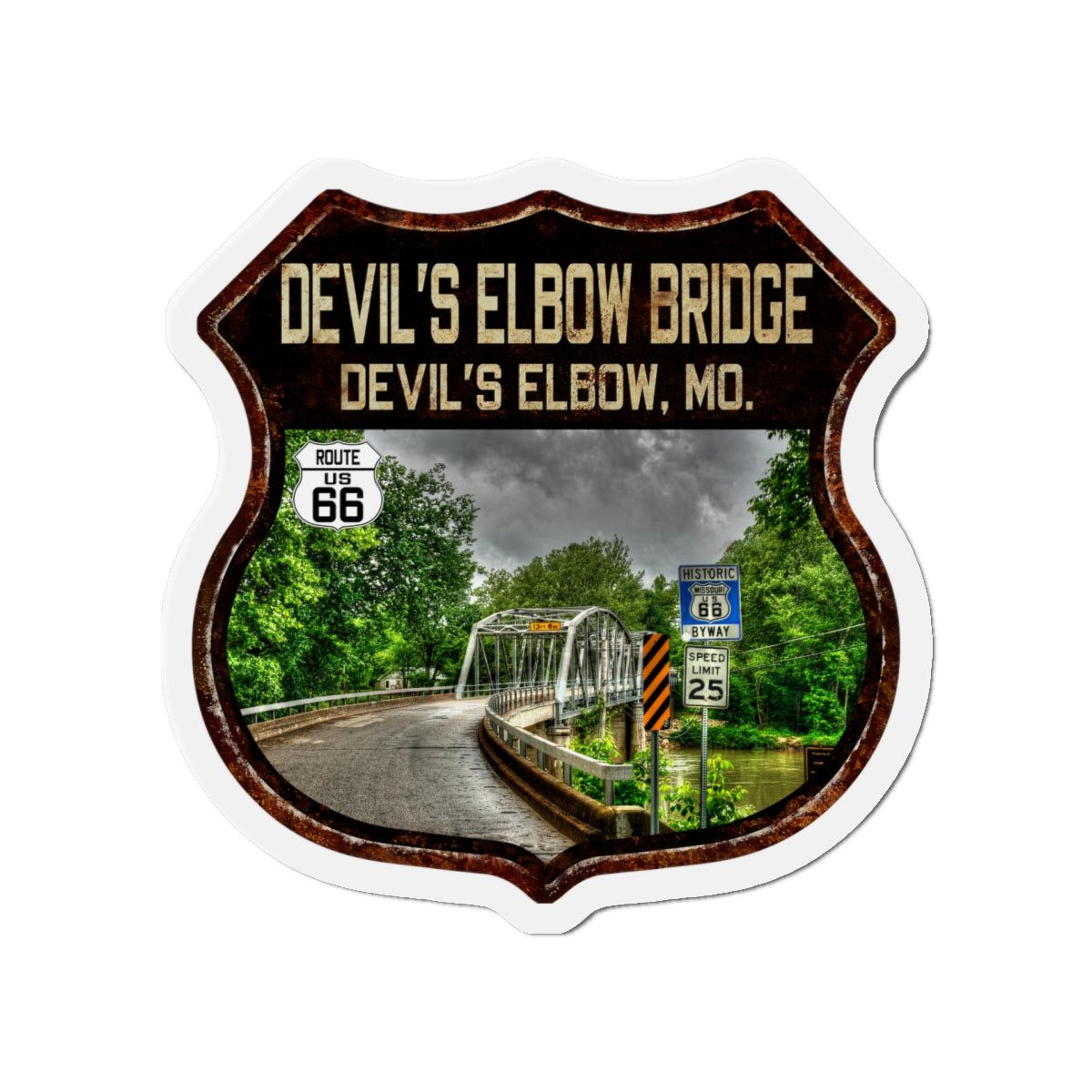 Vintage Devil's Elbow Bridge Die-Cut Magnet - Route 66 Highway Shield Missouri