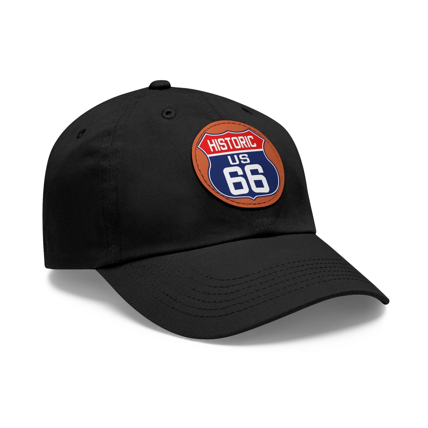 Route 66 Inspired Dad Hat in Red, White and Blue Dad Hat with Leather Patch (Round)